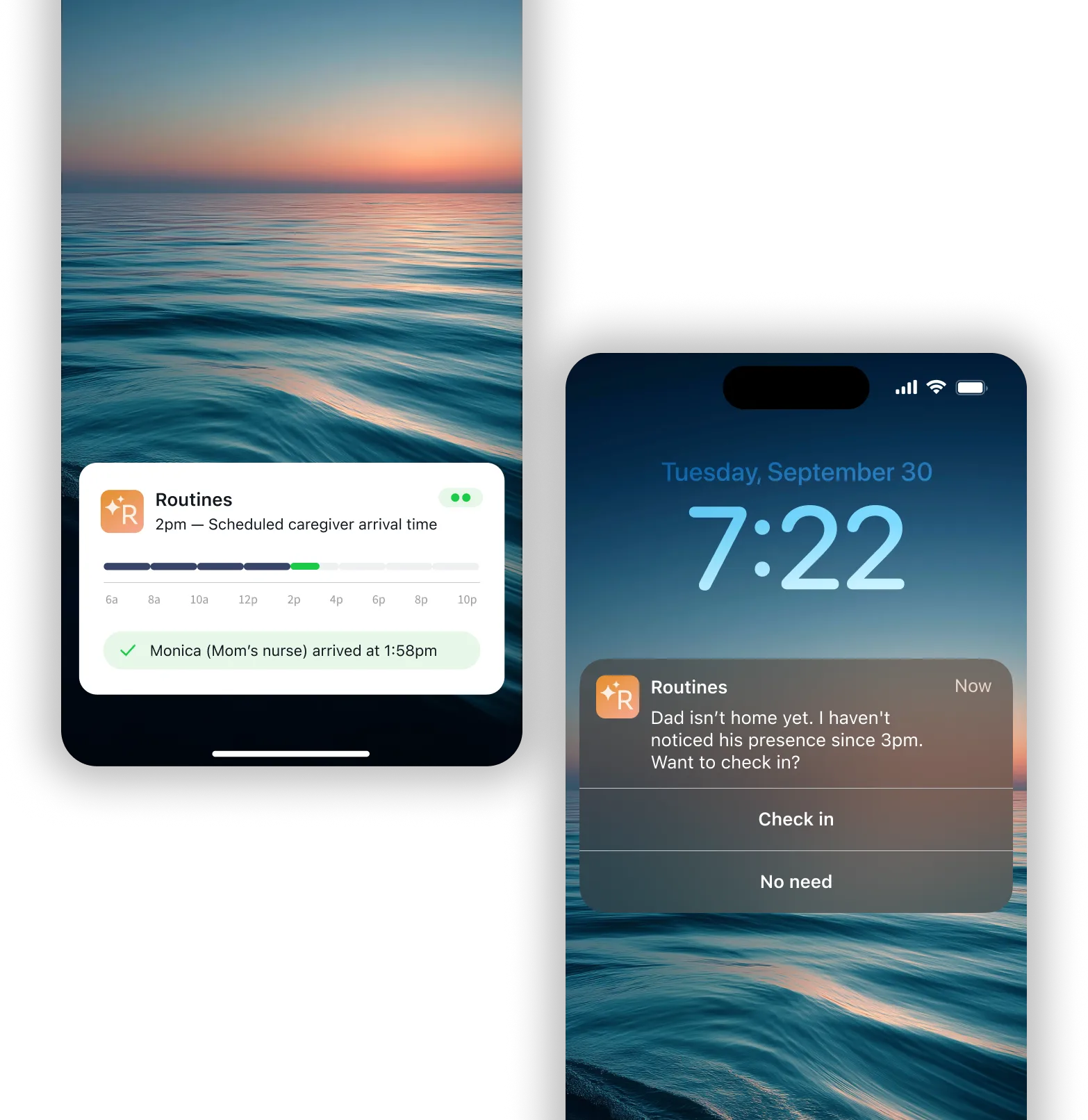 A Routines app notification on a phone screen confirms that Monica, the scheduled caregiver, arrived at 1:58 p.m. against a serene ocean sunset background. A smartphone lock screen displays a Routines app alert that Dad hasn't been detected since 3 p.m., prompting the user to check in or dismiss.